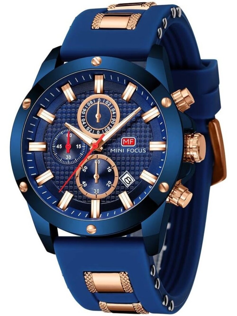 Men Rose Gold And Blue Analog Quartz Waterproof Chronograph Stylish Casual Watch